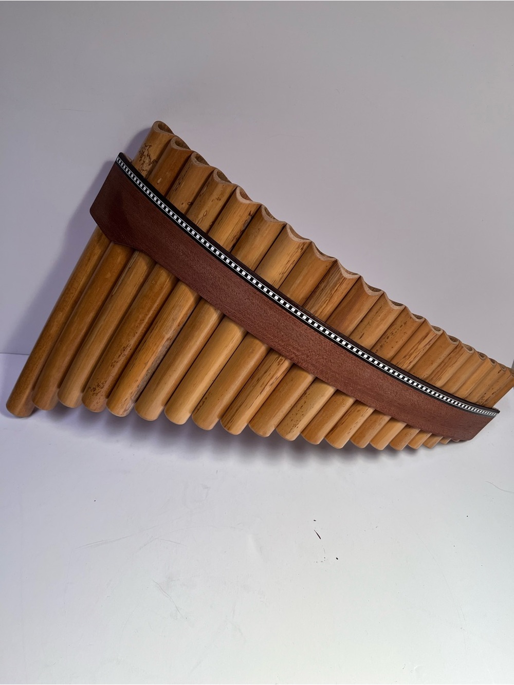 Handcrafted Brown Bamboo Pan Flute with Decorative Trim 20 pipes.